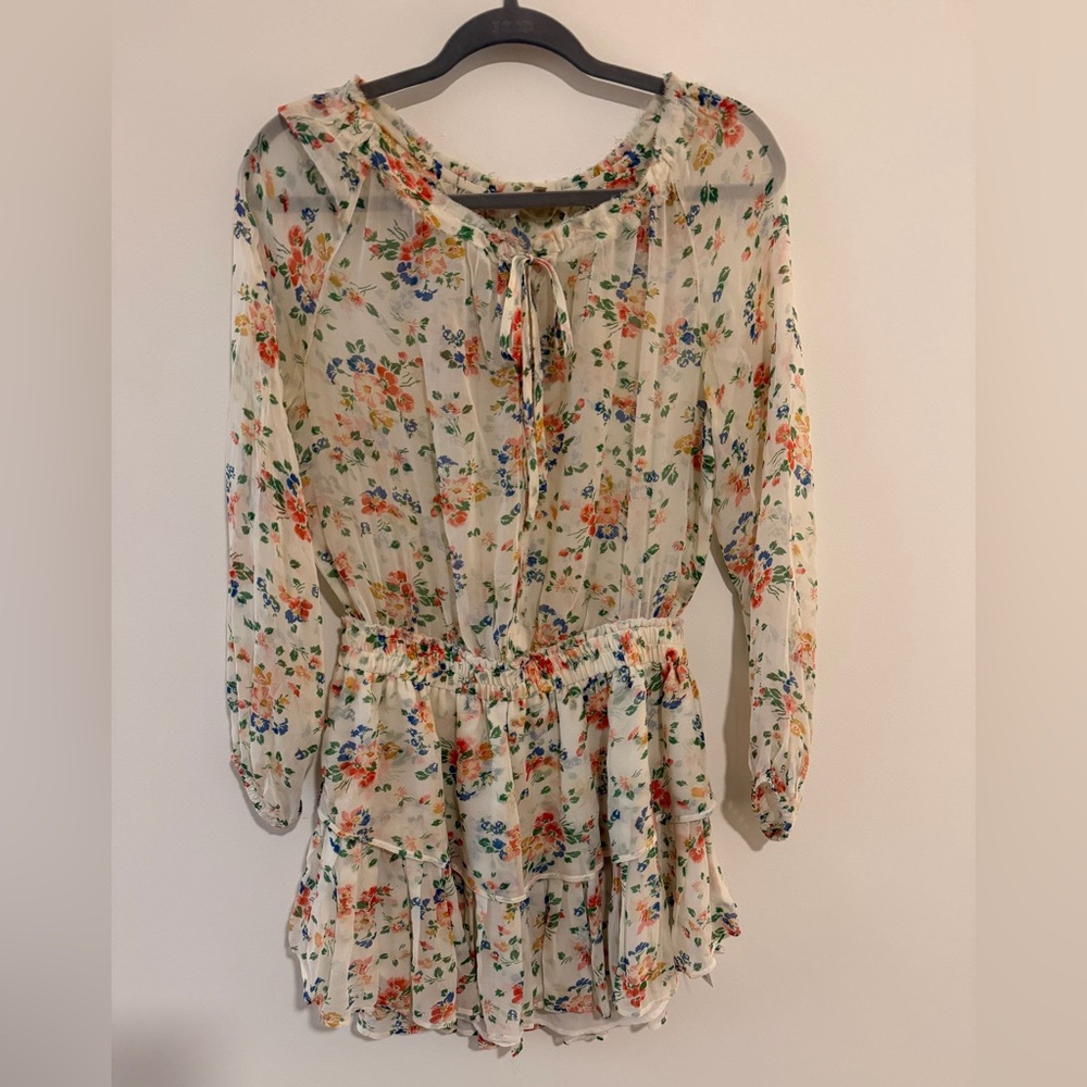 LoveShackFancy SILK Tiered Skirt Mini Dress with Floral Print, Long Sleeves